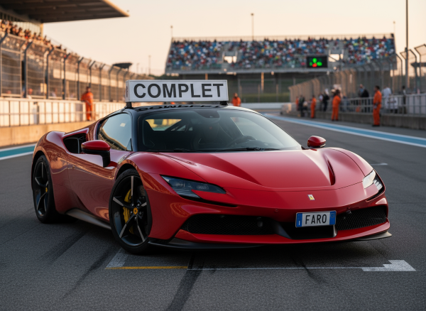 Voiture de course Ferrari rouge avec un panneau sur le toit inscrit COMPLET
